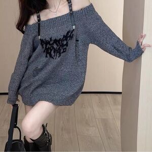 Gray Off-Shoulder sexy Sweater with Black Detailing